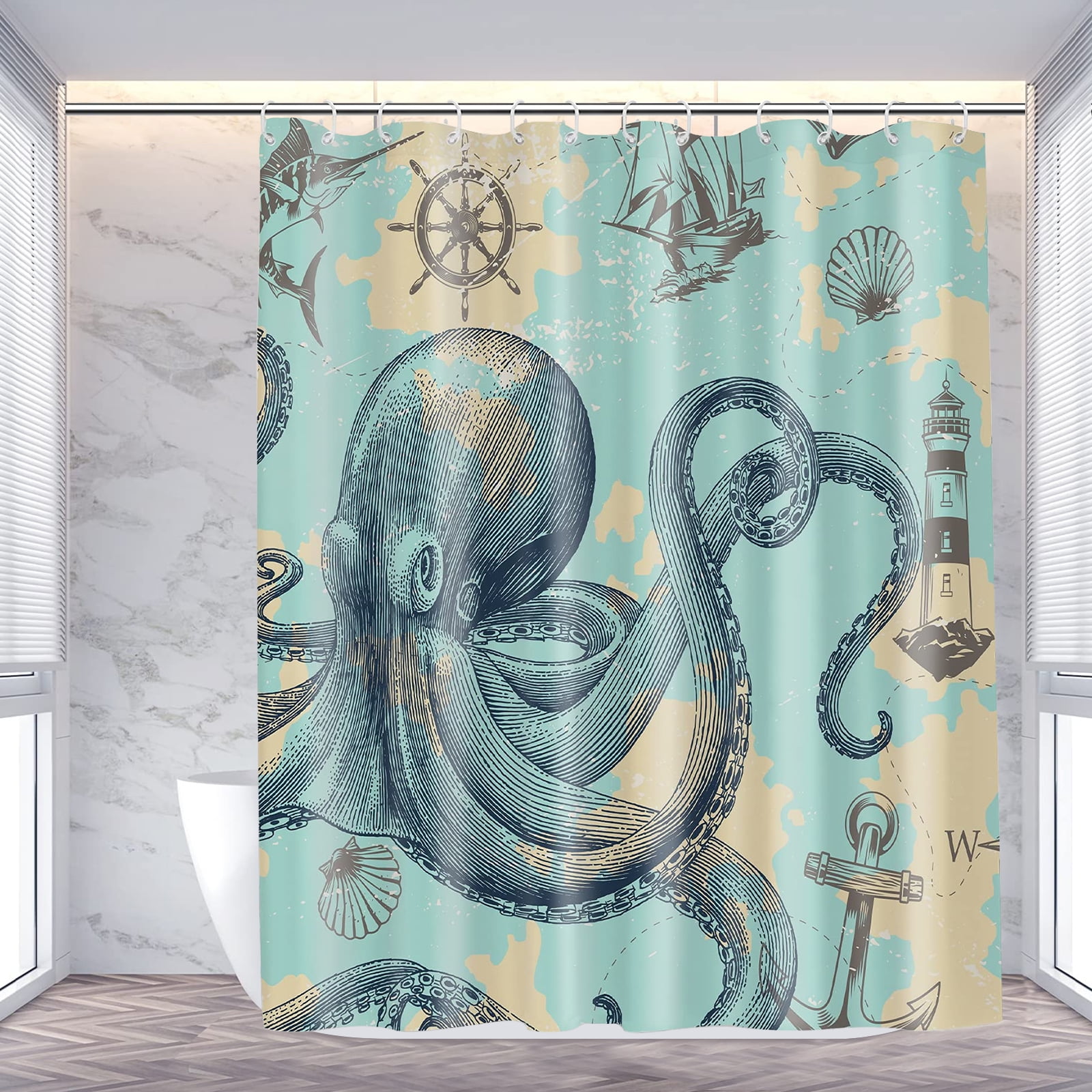 MONOJOY Octopus Shower Curtain, 72 x 72 inch with 12 Hooks