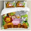 Zoo King Size Duvet Cover Set, Cartoon Collection of Several Happy Animals of Zoo Fresh Plants Grass Trees Cheerful, Decorative 3 Piece Bedding Set with 2 Pillow Shams, Multicolor, by Ambesonne