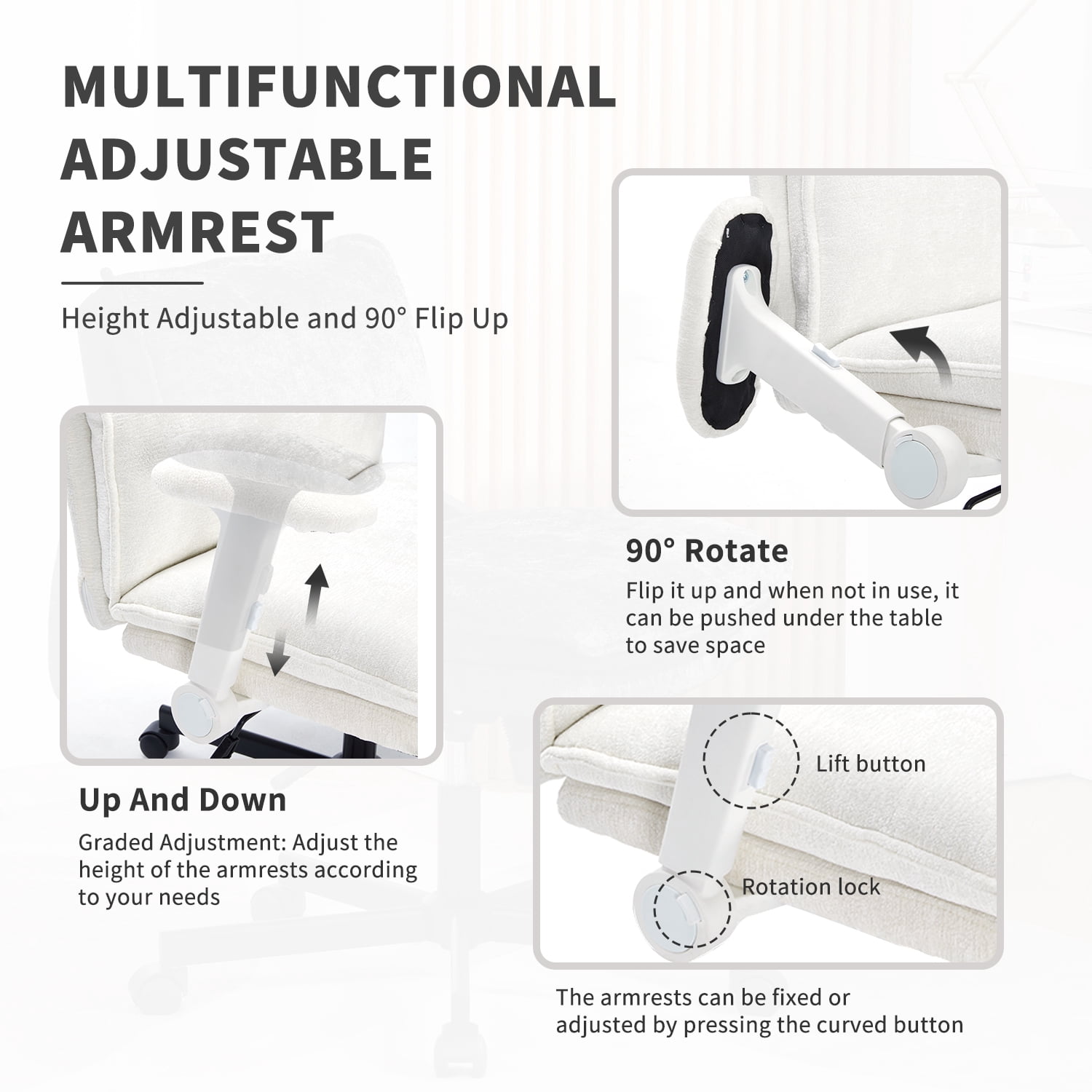 Criss Cross Chair with Wheels and Adjustable Flip-Arms, Cross Legged Office Chair with Thick Cushion, Wide Makeup Vanity Chair, Comfy Swivel Desk Chair for Home Office, Apartment, Bedroom, Beige
