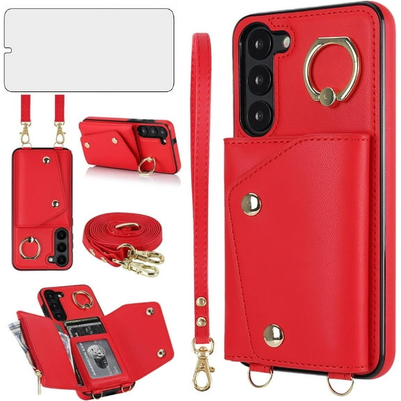 Phone Case for Samsung Galaxy S23 5G Wallet Cover with Screen Protector and Ring Stand Credit Card Holder Slot Crossbody Strap Cell S 23 23S GS23 G5 SM-S911U 6.1 inch Women Girls Men Boy Red