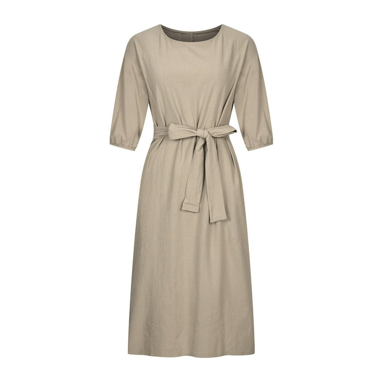 chinese dress ladies Beige Linen Style Midi Dress with Belt – Conquista
