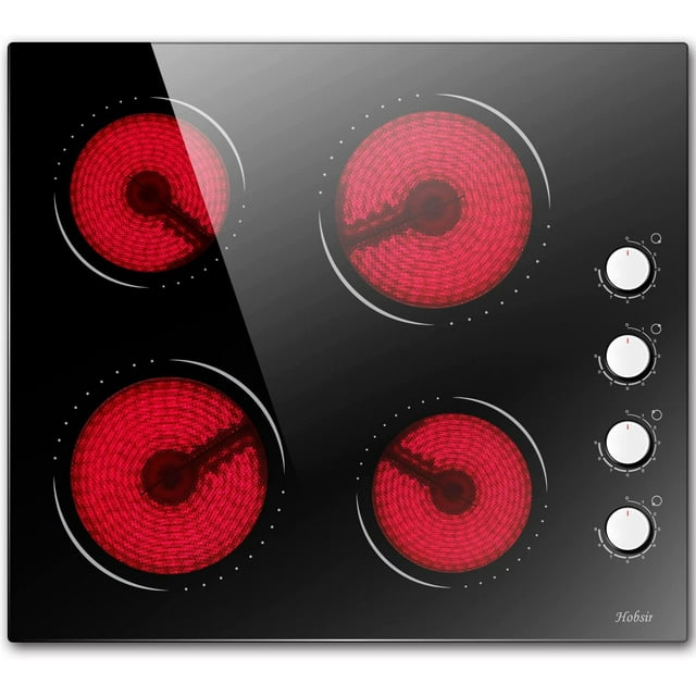 Cuisinière Électrique de 24 Pouces Hobsir 4 Brûleurs Poêle Électrique Radiant Intégré, 9 Niveaux de Chauffage, Indicateur de Chaleur Résiduelle, Protection contre la Surchauffe, Fil Dur 220V-240V (Sans Prise)