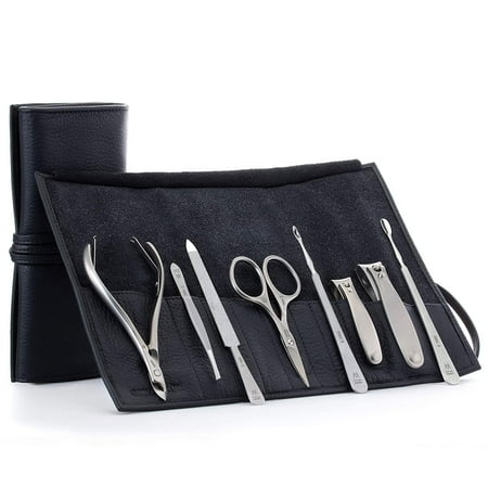GERMANIKURE 8pc Manicure & Pedicure Set in Black Leather Case - Made in Germany FINOX Stainless Steel Tools - Professional Cuticle and Nail Care Kit