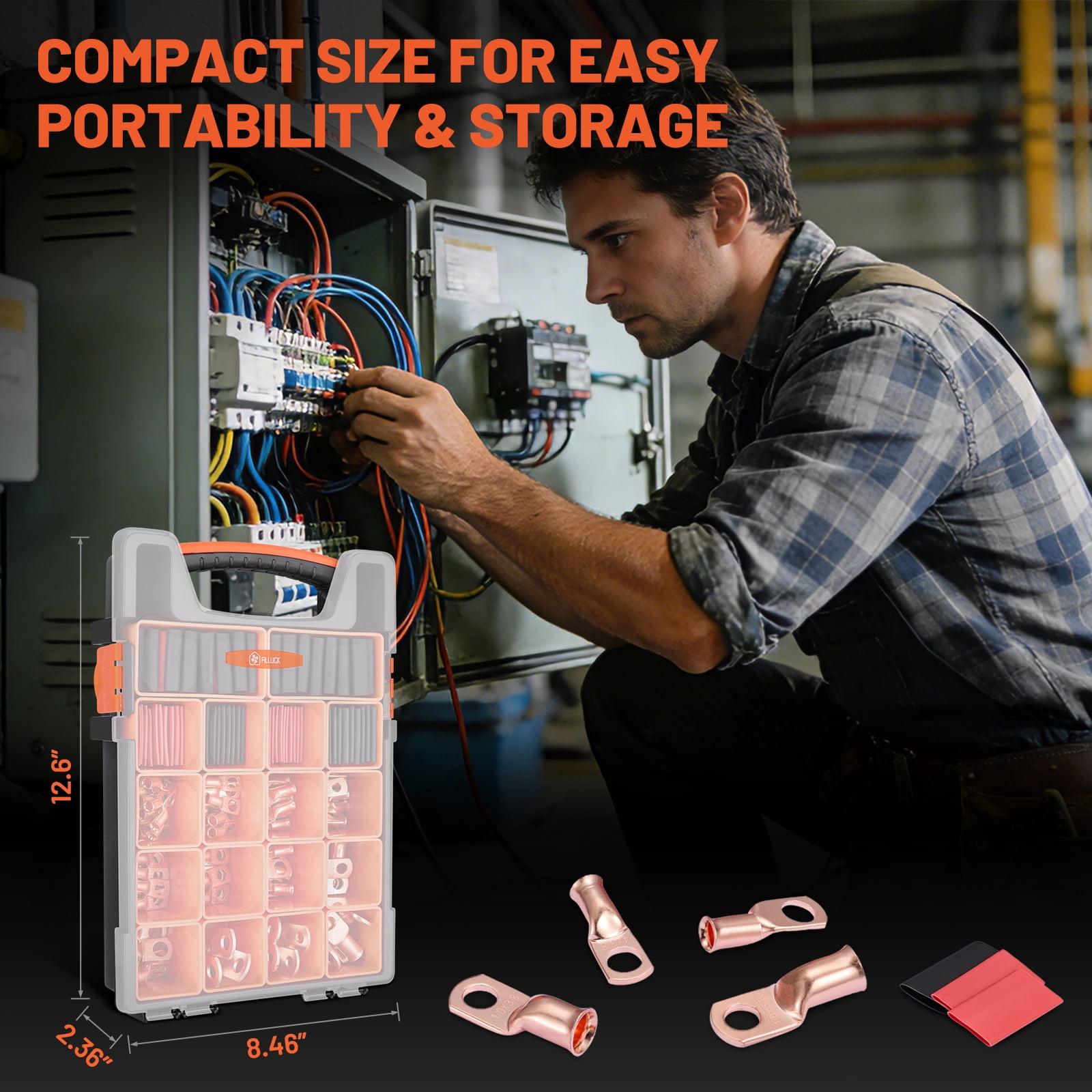 Filluck 227PCS Battery Cable Ends Kit, 1/0 2/0 2 4 6 8 AWG Copper Wire Lugs with 3:1 Heat Shrink Tubing, Ring Battery Terminal Connectors for Automotive, RV, Marine, Solar Systems