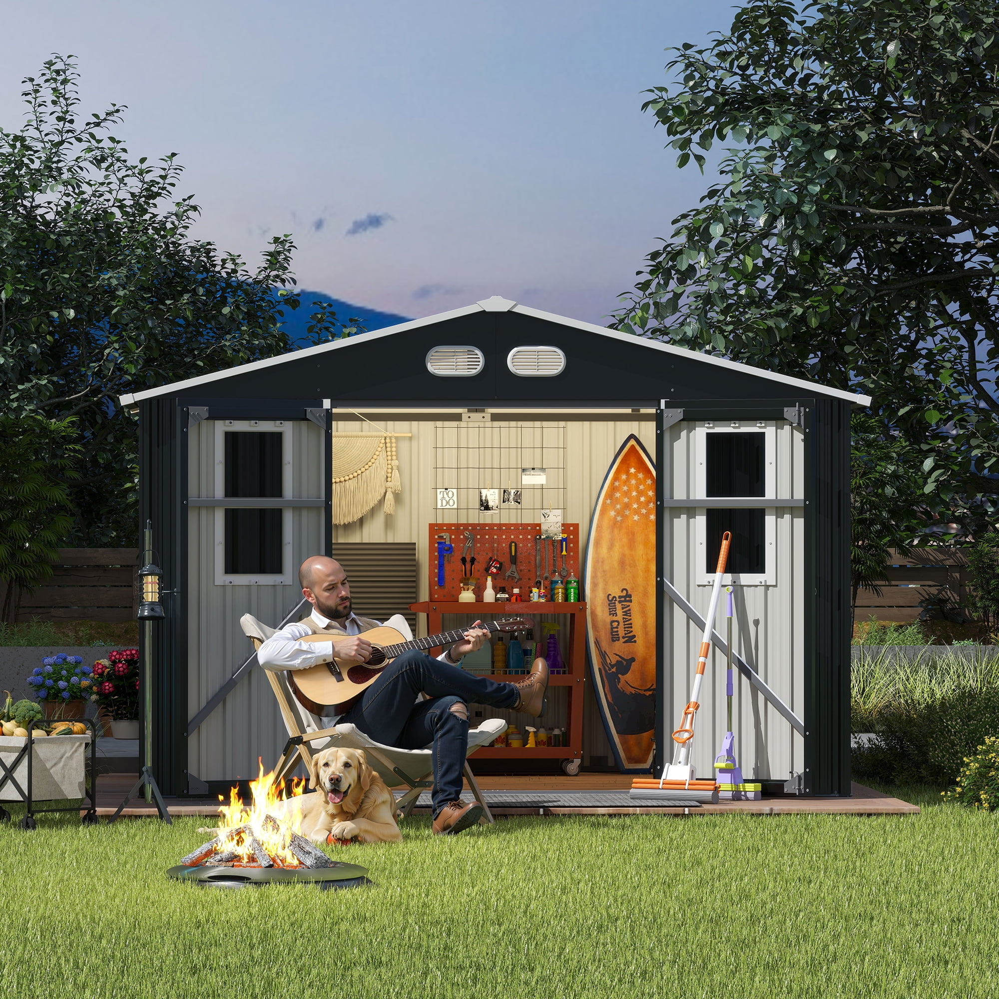 DTTRA 8 x 10 ft Outdoor Metal Storage Shed with 4 Window and Lockable Door, Waterproof Outside Storage Building for Garden, Backyard, Tool Storage Use, Easy to Install, Dark Gray