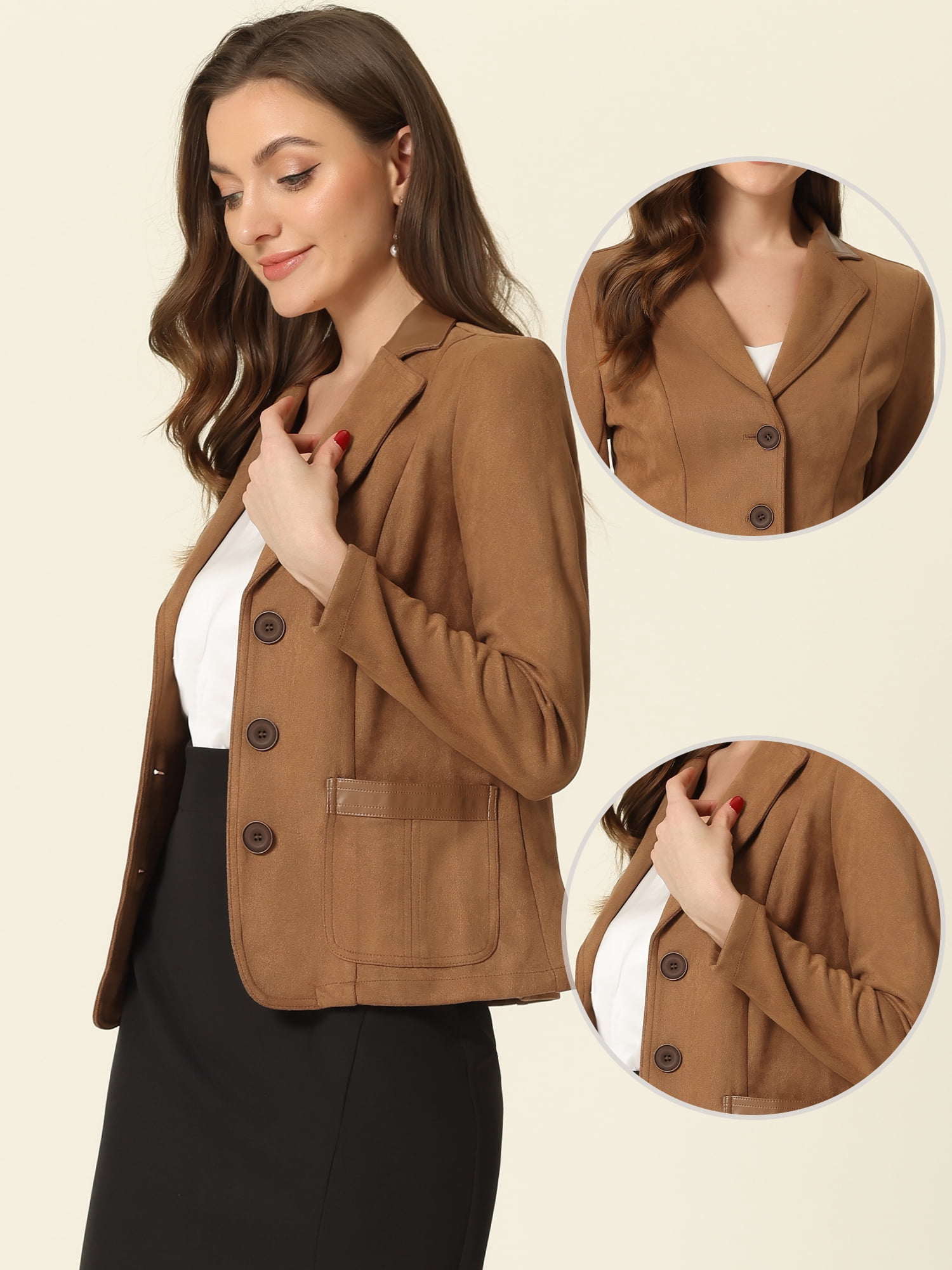 DARING DIVA Women's Faux Suede Lapel Collar Button Down Blazer L Light Brown