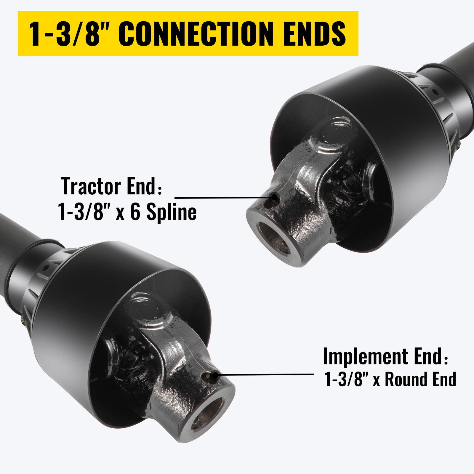VEVOR 1-3/8” PTO Drive Shaft, 6 Spline Tractor and Round Implement End, 30” - 39” Brush Hog, Black, for Finish Mower, Rotary Cutter