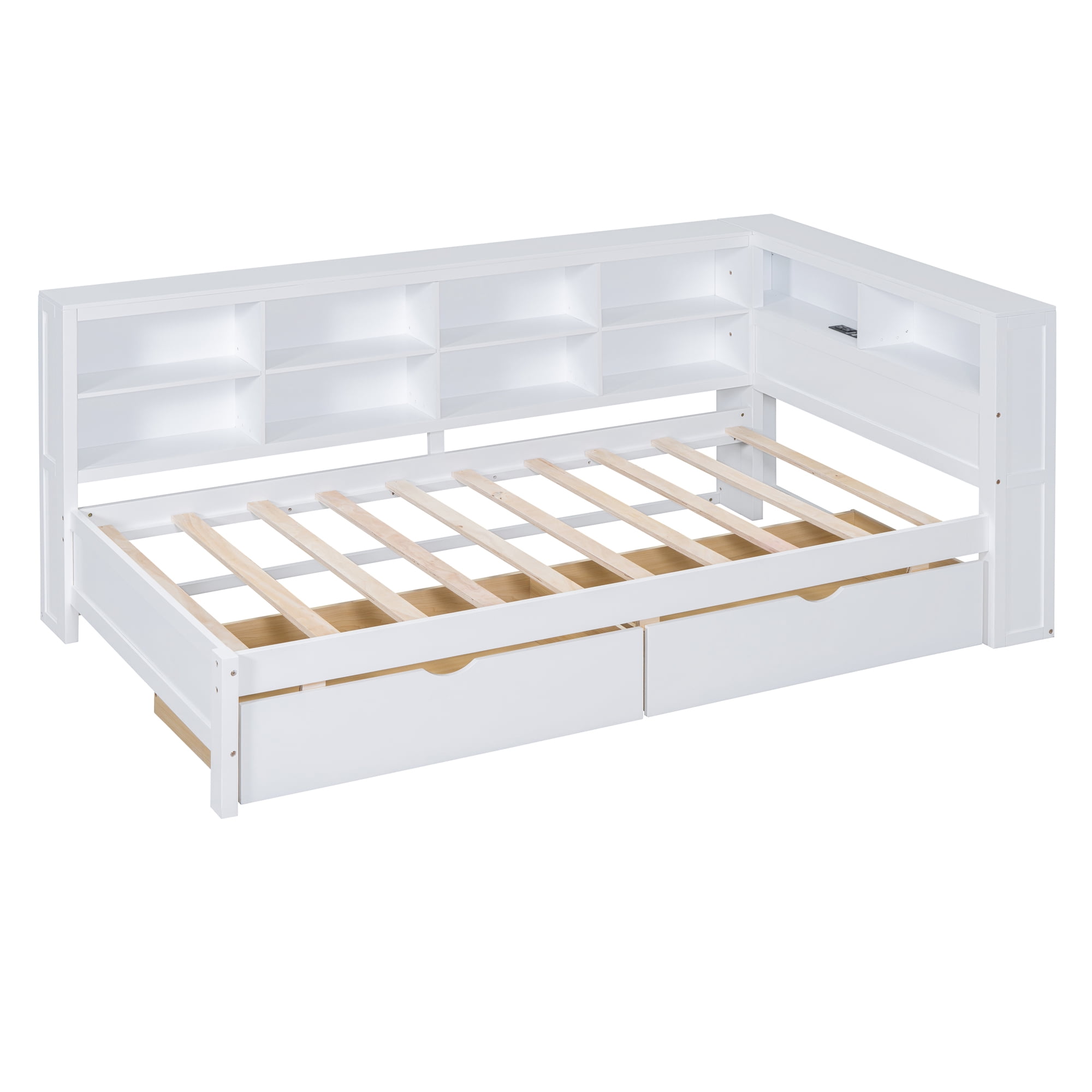 Mintazer Twin Daybed with Storage Headboard & Charging Station, 2 Drawers & Shelves for Kids Bedroom, White