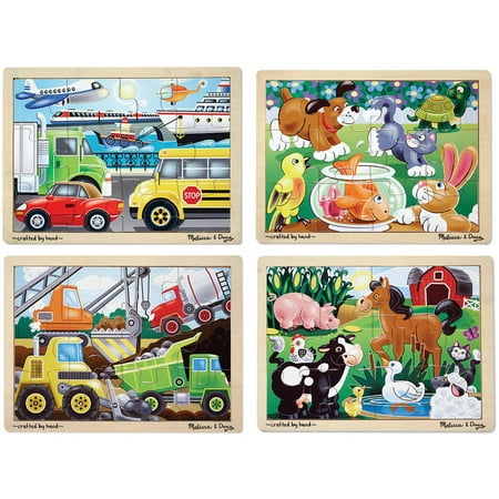 Melissa & Doug Wooden Jigsaw Puzzles Set: Vehicles, Pets, Construction, and Farm (4 puzzles)