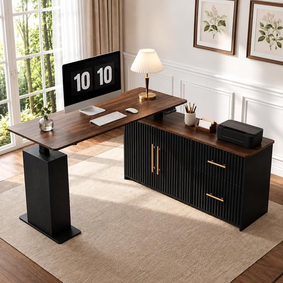 NORTHSKY 55" L-Shaped Electric Standing Desk with Drawers and Storage Cabinet, Height Adjustable Corner Desk for Home Office