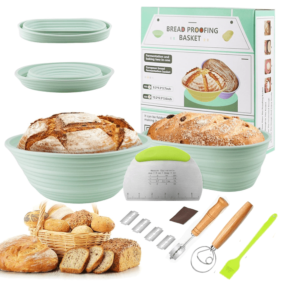 Sourdough Starter Kit, 8PCS Sourdough Breads Baking Supplies, Silicone Banneton Bread Proofing Basket Set with 9" Round & 10" Val, Whisk, Bread Lame, Sour Dough Baking Tools