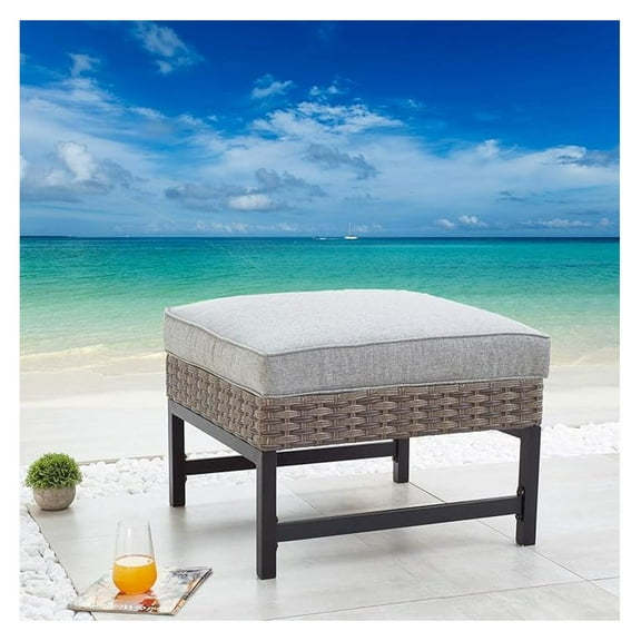 Patio Ottoman Square Wicker Footstool with Cushion for Foot Rest in Metal Frame All Weather Outdoor Furniture for Garden Yard Lawn