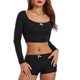 thumbnail image 2 of Michellecmm Women Cotton Pajama Set, Long Sleeve Bow Crop Top with Low Waist Shorts Sleepwear Loungewear, 2 of 9