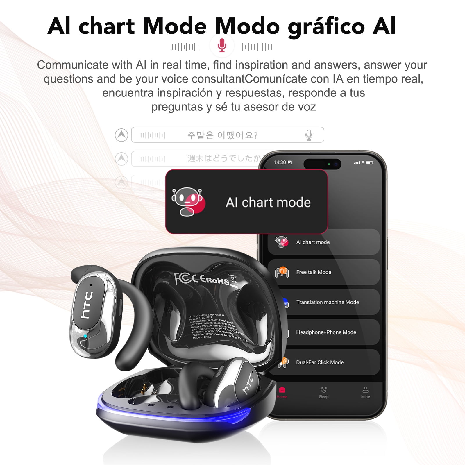 HTC NE17 Translation Earbuds Open Ear Headphone Sports 135 Languages Bluetooth 6.0 for HD Stereo Sound Waterproof