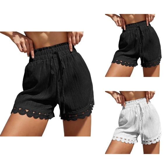 Summer Casual Shorts for Women Lightweight Elastic High Waist Lace Hem Loose Fit Beach Shorts