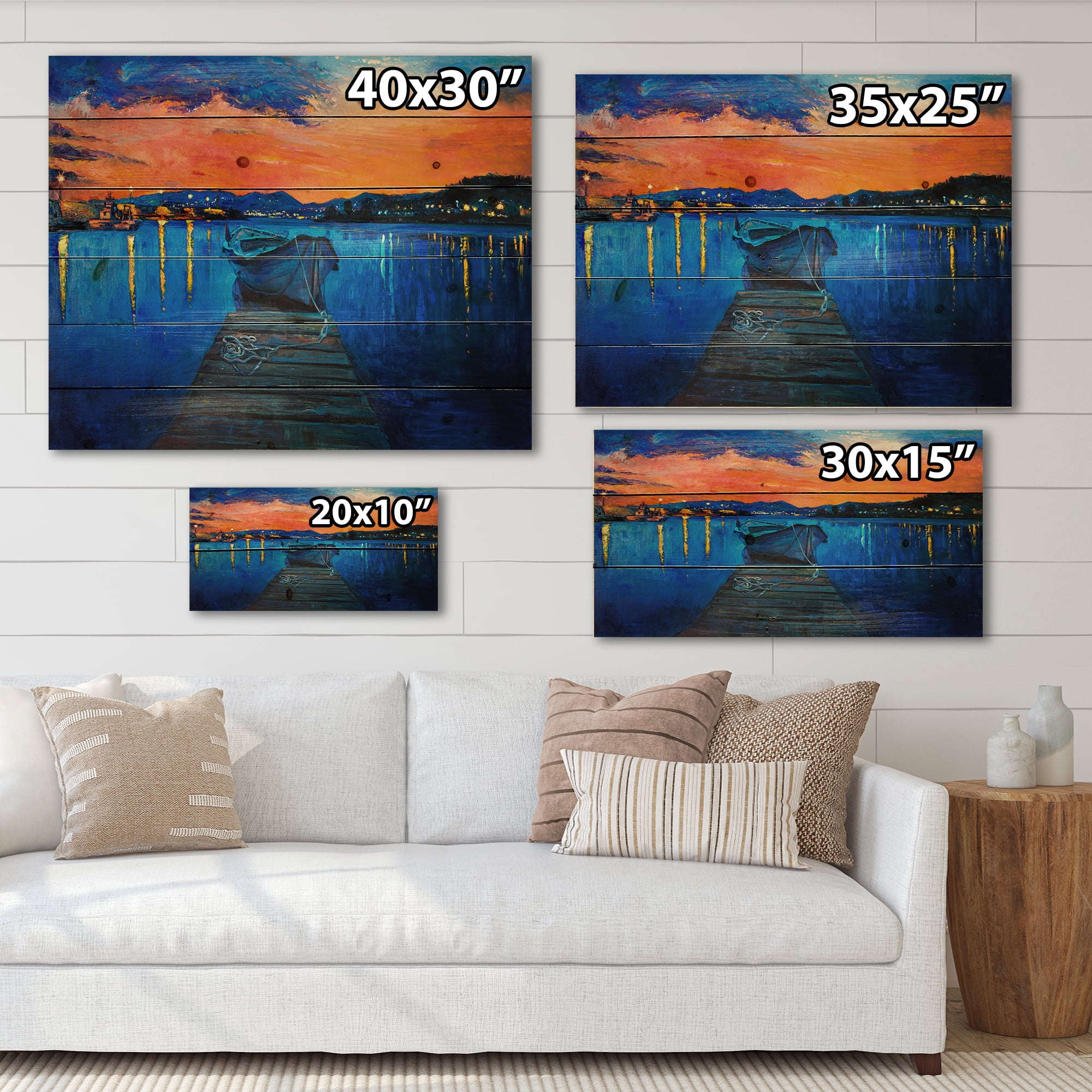 Designart 'Boats During Warm Sunset Resting On The Water III' Nautical & Coastal Print on Natural Pine Wood