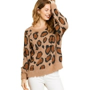 Latte Animal Print Long Puff Sleeve Fuzzy Soft Knit Round Neck Pullover Sweater