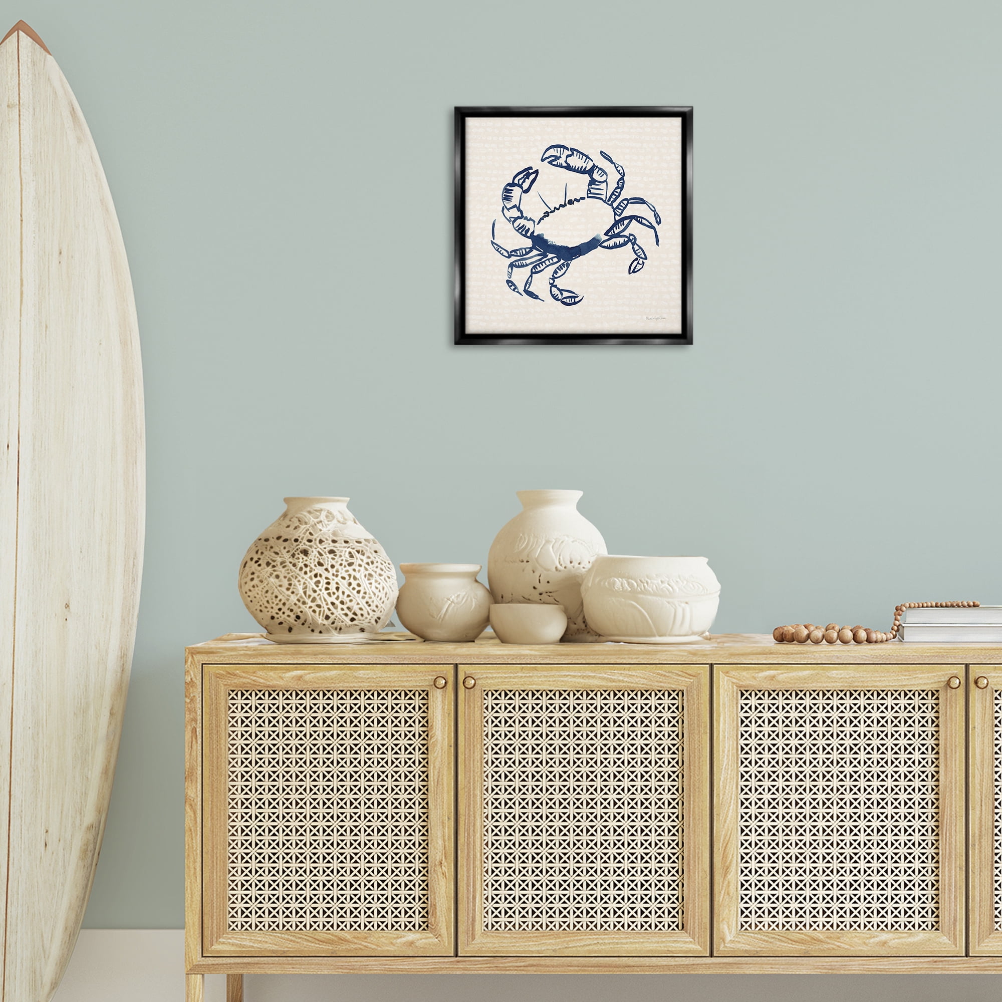 Stupell Industries Aquatic Crab on Beige Animals & Insects Painting Black Floater Framed Canvas Art Print Wall Art, 18 x 18
