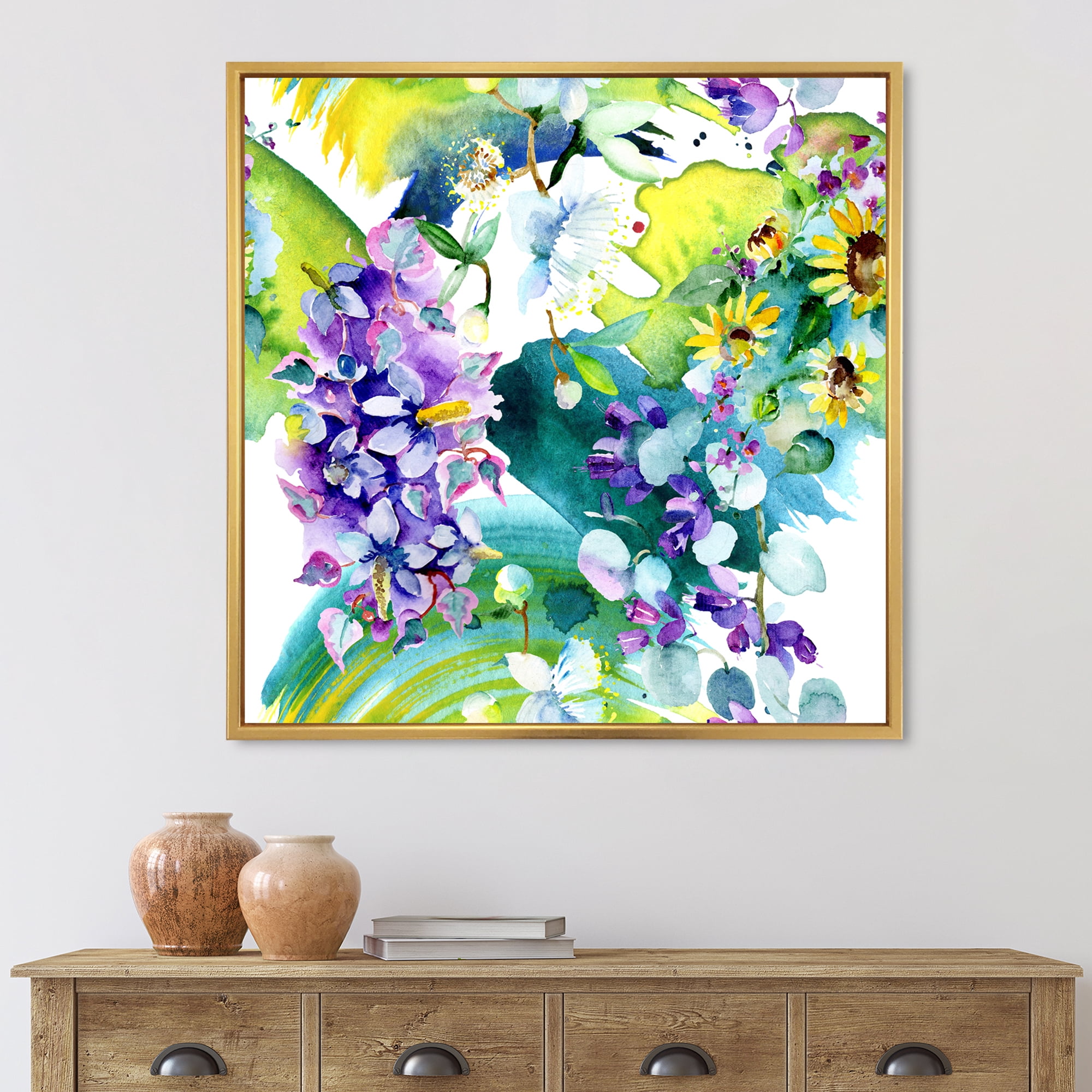 Designart 'Bouquet of Sunflowers and Wildflowers' Farmhouse Framed Canvas Wall Art Print