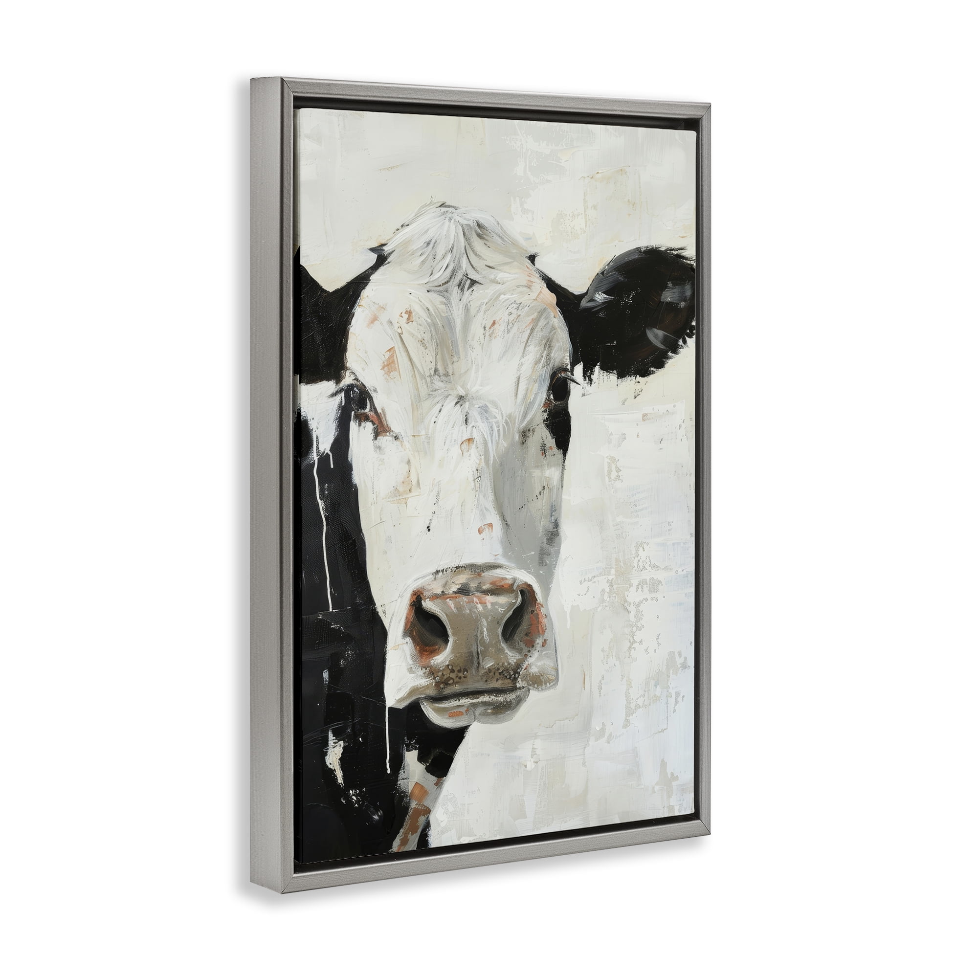 Stupell Industries Up Close Cow Animals & Insects Painting Gray Floater Framed Canvas Art Print Wall Art, 21 x 31