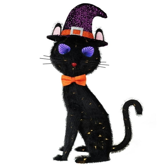 MARACOL 3.5FT Black Cat Halloween Decor, Animated Eyes Scary Halloween Cat Decor with Witch Hat, Light-Up Black Cat with 125 LED for Outdoor Indoor Yard Porch Lawn Garden