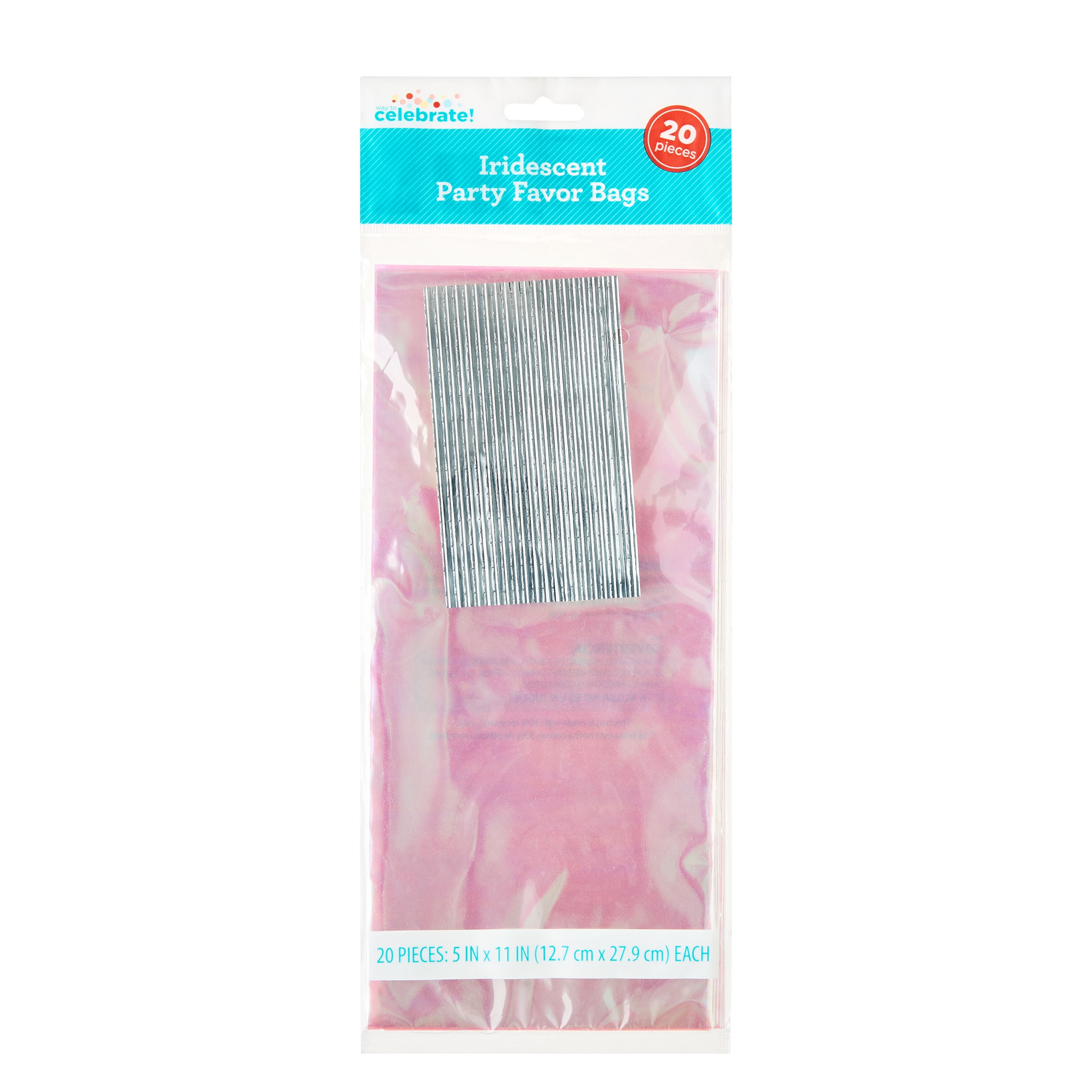 Way To Celebrate Clear Iridescent Party Favor Bags with Silver Twist Ties, 11 x 5 in, 20 Count