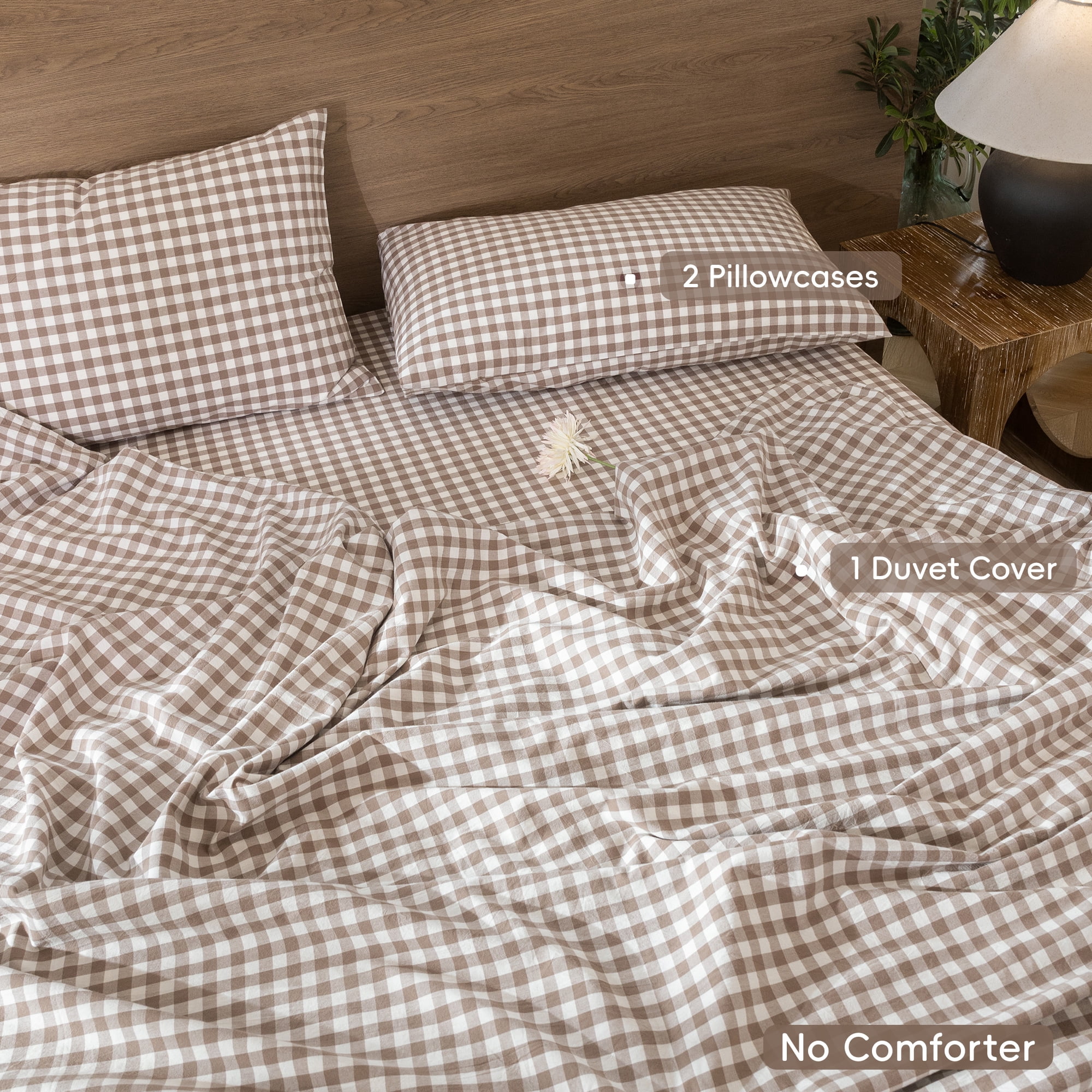 MooMee Gingham Duvet Cover Set Queen 100% Washed Cotton Linen Like Textured Breathable Lightweight 3-Piece (Brown, 90"x90")