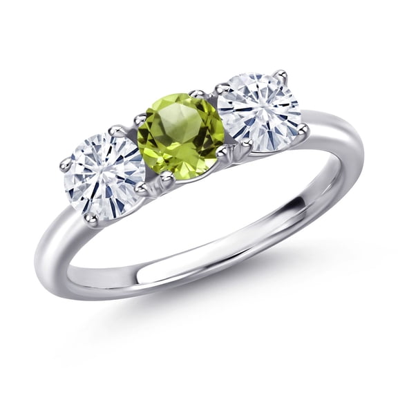 Gem Stone King 925 Sterling Silver Green Peridot and White Moissanite Engagement Ring for Women | 1.55 Cttw | Round 5MM | Gemstone August Birthstone | Size 8