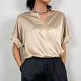 thumbnail image 2 of Blusa de satén con escote en V y manga corta para mujer, color caqui, transpirable, talla L, para primavera y verano, 2 of 6
