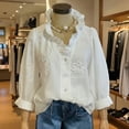 thumbnail image 4 of Endives Women's Button Down Shirt Floral Collar Embroidery Blouse Ruffled V Neck Long Puff Sleeve Casual Womens Tops Spring Outfit Summer White, 4 of 5