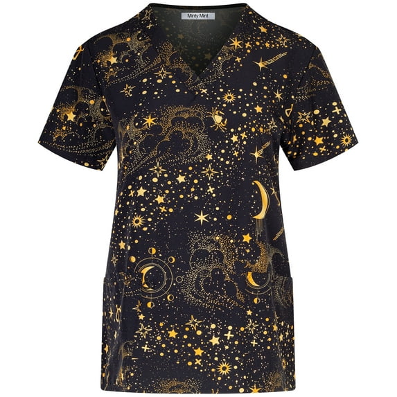 Minty Mint, Women's, Stretch Printed V-Neck Medical Scrub Top, Black, L