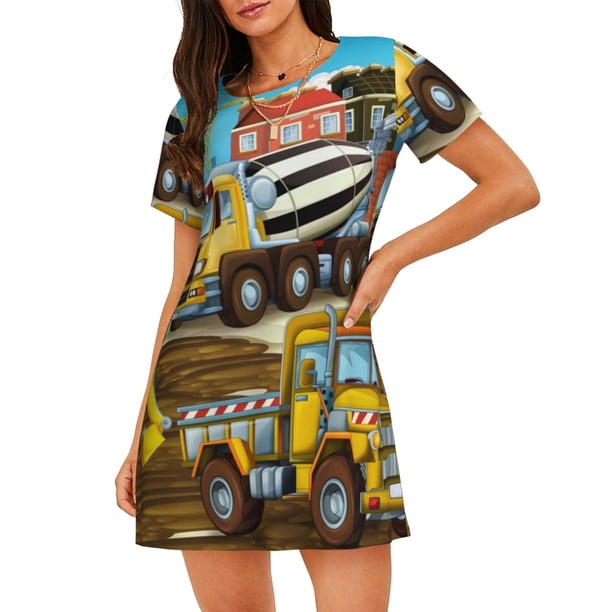 Fotbe Different Construction Site Vehicles Bata de Dormir para Mujer con Estampado, Camisón de Algodón de Manga Corta, Ropa de Dormir Casual