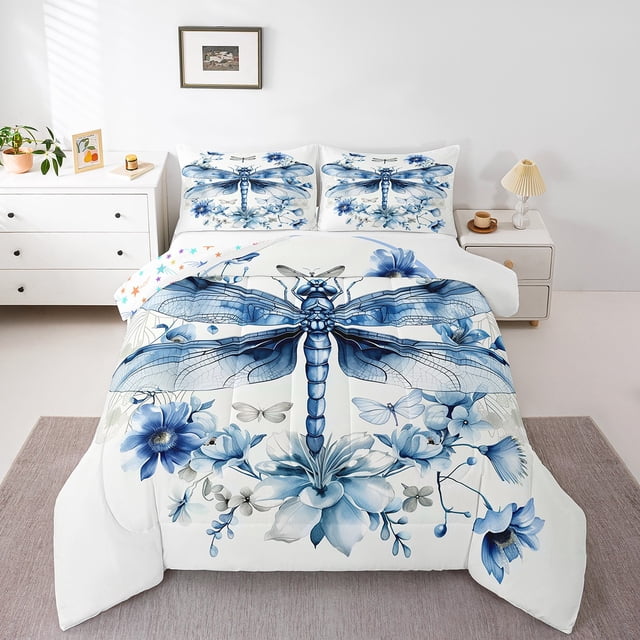 Erosebridal Ensembles de Couette Libellule Rêveuse Taille Complète, Couettes et Duvets Fleurs Bleues de Printemps, Réversible 3 Pcs, Réversible