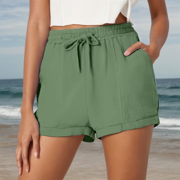 HOWPAY Women's Shorts Baggy Loose Fit High Waisted Elastic Pull on Bottoms Solid Color Casual Comfy Summer Sports Beach Vacation Clothes Army Green L