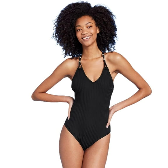 Shade & Shore Women's Ribbed Bead Knot Detail One Piece Swimsuit - (US, Alpha, Small, Regular, Regular, Black)