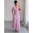 thumbnail image 3 of Mauve Purple Womens V-Neck Off-Shoulder Puff Sleeve Ruched Waist A-Line Floral Maxi Dress, 3 of 5