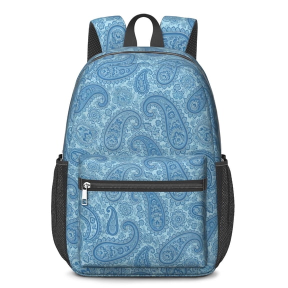 Paisley and Damask Blue Pattern 17" Waterproof Oxford School Backpacks for Teens, S-Shape Padded Straps, for School, Travel, Hiking, Camping