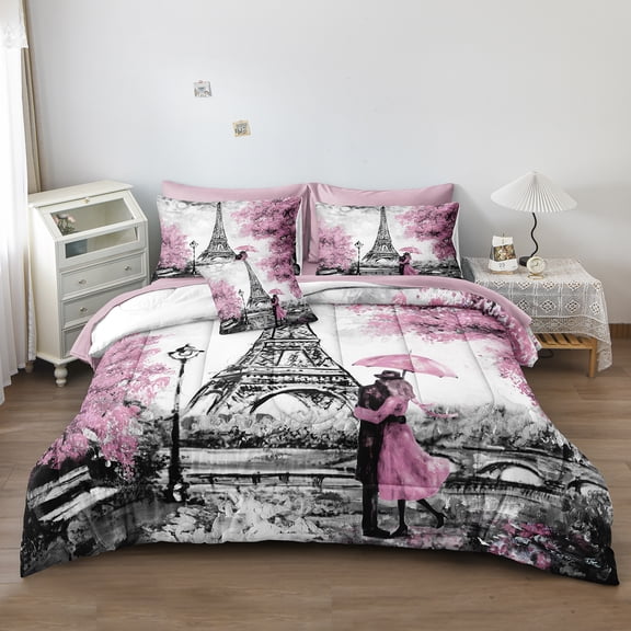 Eiffel Tower Couple Bedding Comforter Set Bed in a Bag Queen Pink Paris Bed Set Girls Teen Women Bedroom Decor Aesthetic Soft Lightweight Comfor 8 Pieces 1 Comforter 4 Pillowcases 1 Fitted Sheet 1 Fl