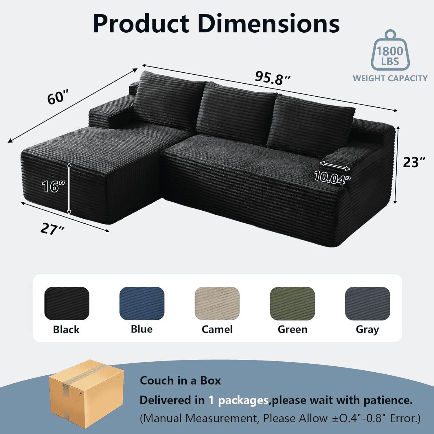 96" Boneless Cloud Couch with Chaise, Modular Sectional Sofa for Living Room, No Assembly Required, Deep Seat Corduroy Couch, Black