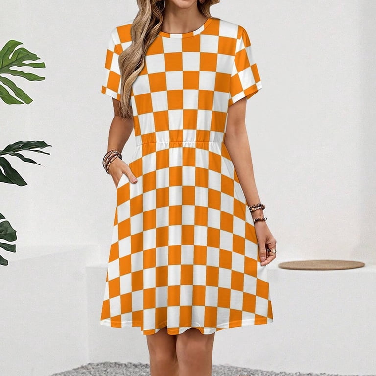 Orange And White Check Dress Summer Street Style Dresses Female Short Sleeve Printed Sundress