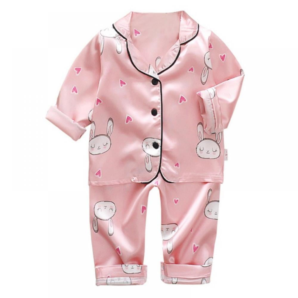 Girls Satin Pyjamas Candy Striped Pink White Silk Feel Pajamas Childrens Kids PJ 