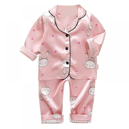 

Satin Pajamas for Girls – Coat Style Cute Long Sleeve Silk Button Down PJ Set Size 6M-4T