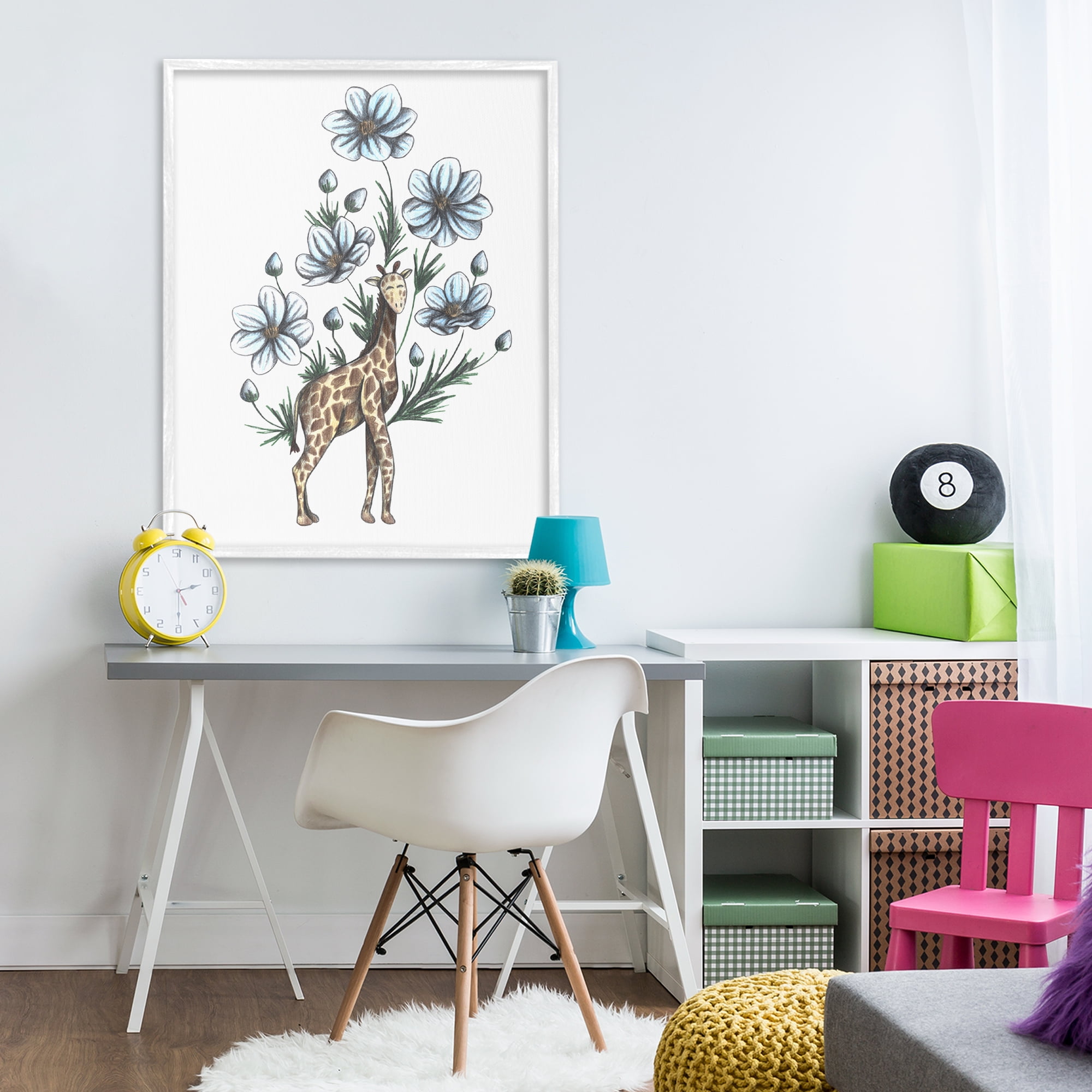 Giraffe with Flower Blossoms White Framed Giclee Art, design by Cecilia Battaini