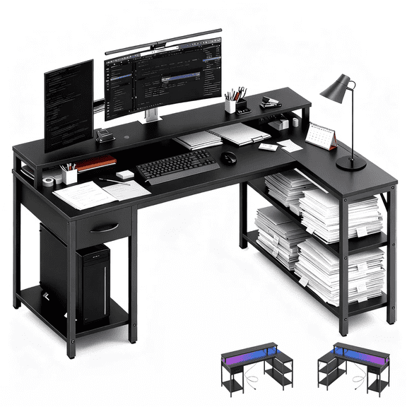 Blazezo 53 inch L Shaped Gaming Desk with LED Lights & Power Outlets, Reversible Corner Computer Desk with Monitor Stand, Drawer & Shelves for Home Office
