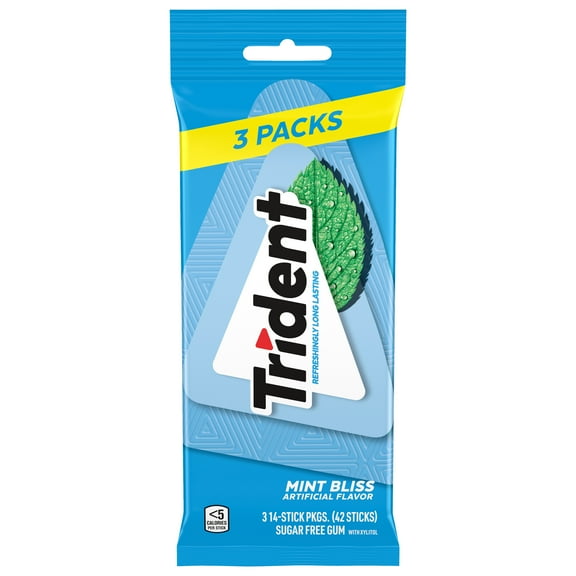 Trident Sugar Free Gum, Mint Bliss, 3 Packs of 14 Regular Size Pieces (42 Total Pieces)