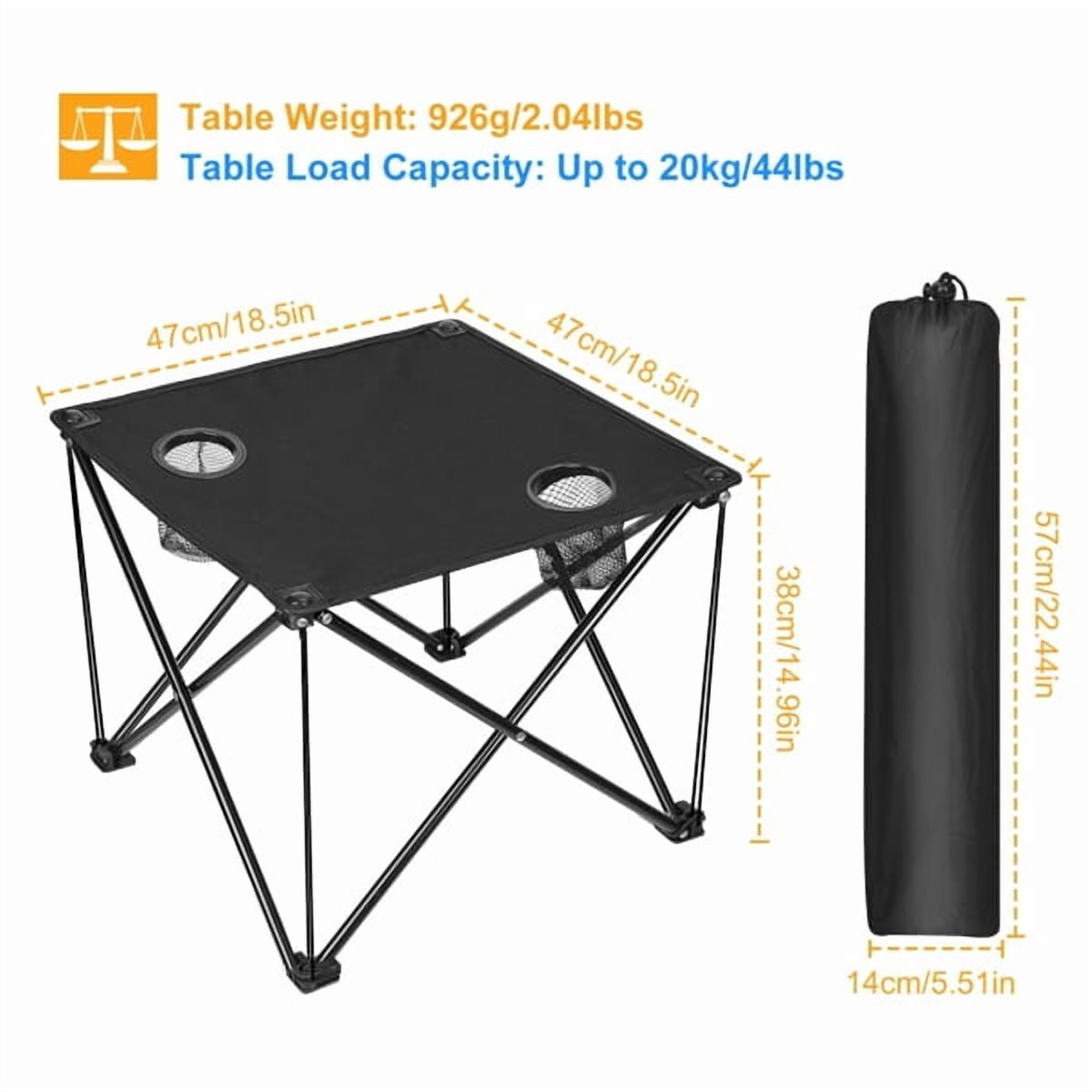 18.5" Square Lightweight Portable Folding Table Waterproof Polyester Top With Cup Holders For Camping Picnics Backpacking