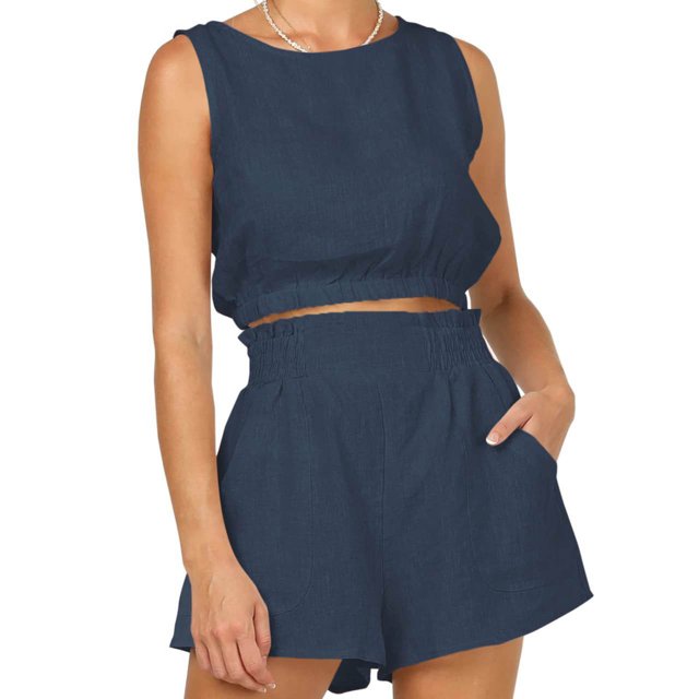 Baikeli Ensembles pour Femmes Liquidation Ensembles 2 Pcs pour Femmes Tenues de Vacances d'Été Sans Manches Col Rond Hauts Shorts Taille Haute Élastique Tenues Unies Ensembles 2 Pcs pour Femmes