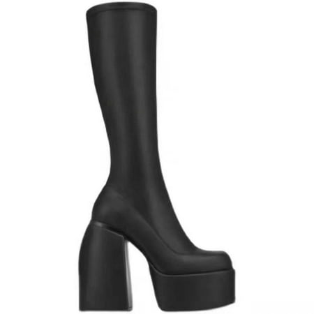 

Women s Square Toe Boots with Thick Heel and Thick Sole Black US7