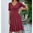thumbnail image 6 of Bigersell Womens Casual Dresses Women's Dress V-Neck Short Sleeve Pocket Solid Pleated Everyday Dress Party Dresses for Female Elegant Regular Sun Dress Dresses, Style 3734, Wine L, 6 of 8