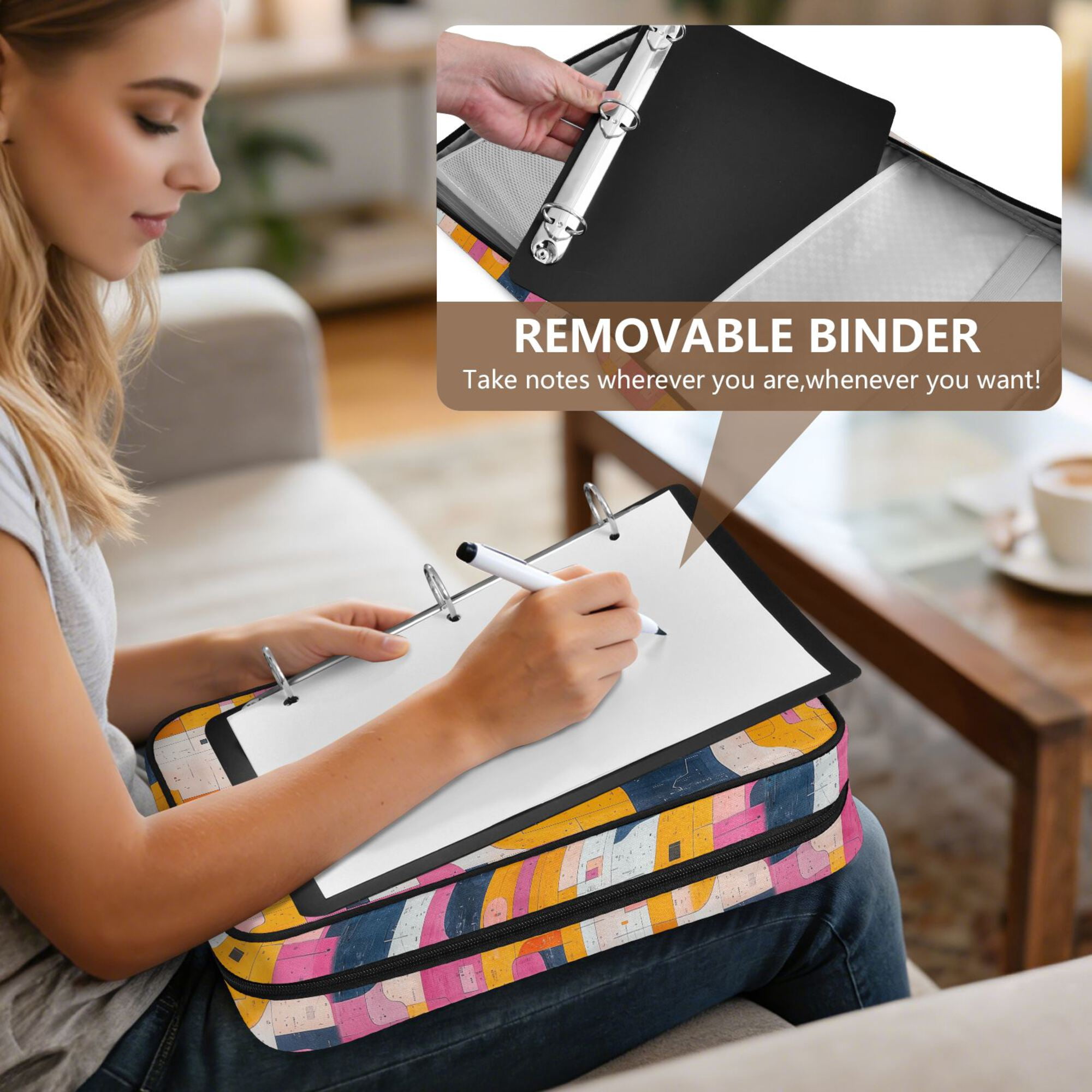 FORMRS Accordion File Folder A4 Size 7-Pocket Expanding Document Organizer Bag with 3 Ring Binder, Art Geometric